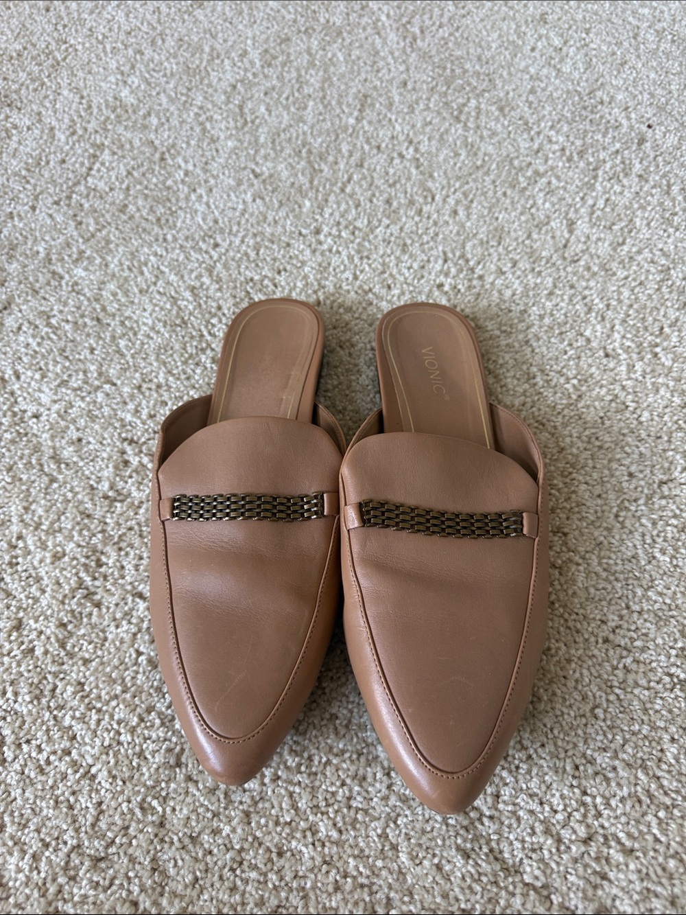 Vionic Tan Pointed-Toe Slip-On Mules with Decorative Chain